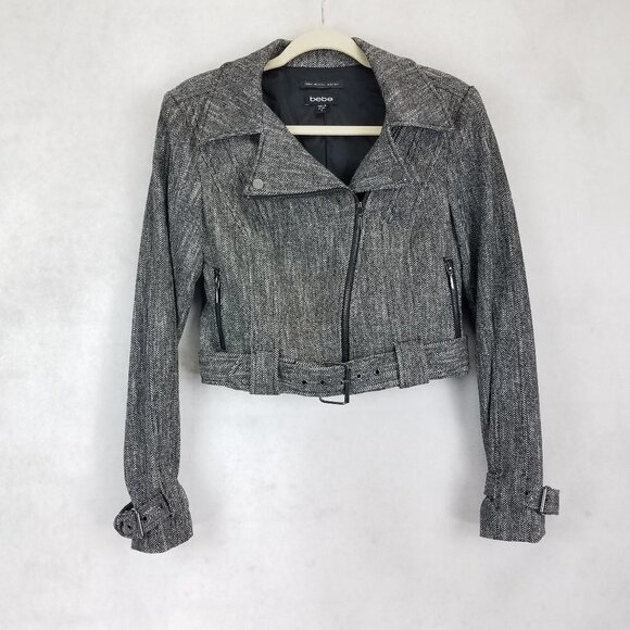 Bebe 4 Cropped Wool Moto Blazer Jacket Herringbone Belted Black/White Buckle - Picture 1 of 12